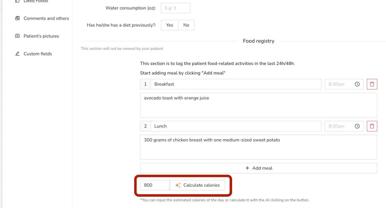 Automatic calorie calculation in the food log