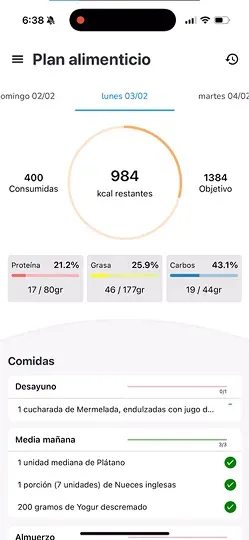 Registro de alimentos en la app del paciente