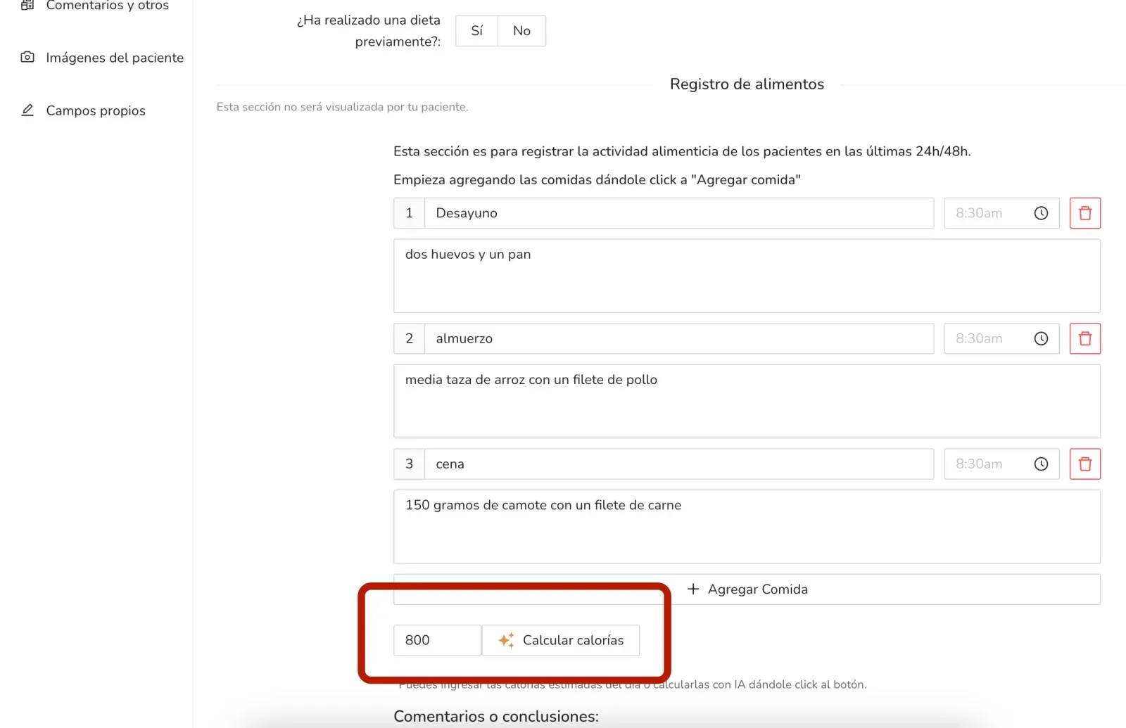 Cálculo automático de calorías en el registro de alimentos