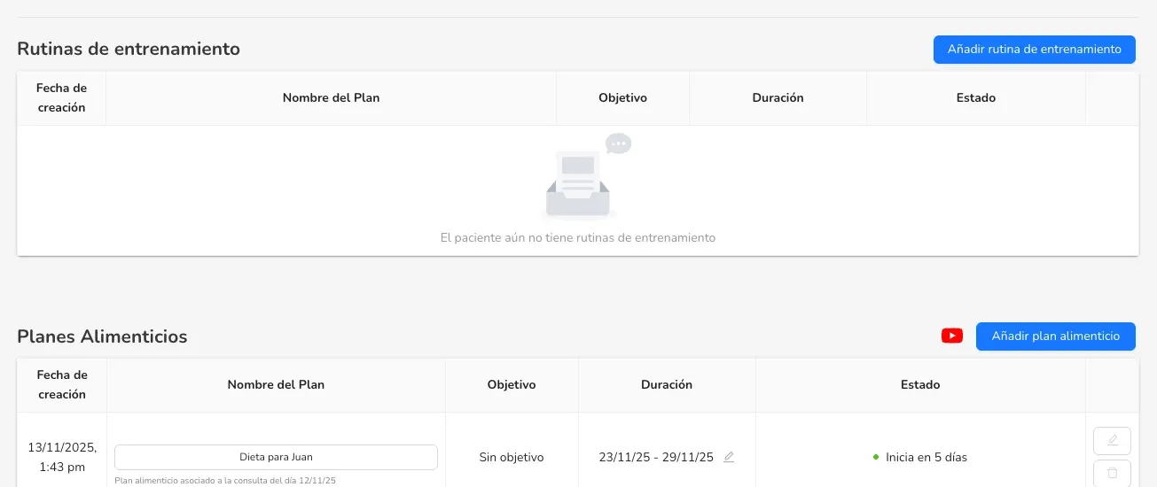Sección de rutinas de entrenamiento en el perfil del paciente
