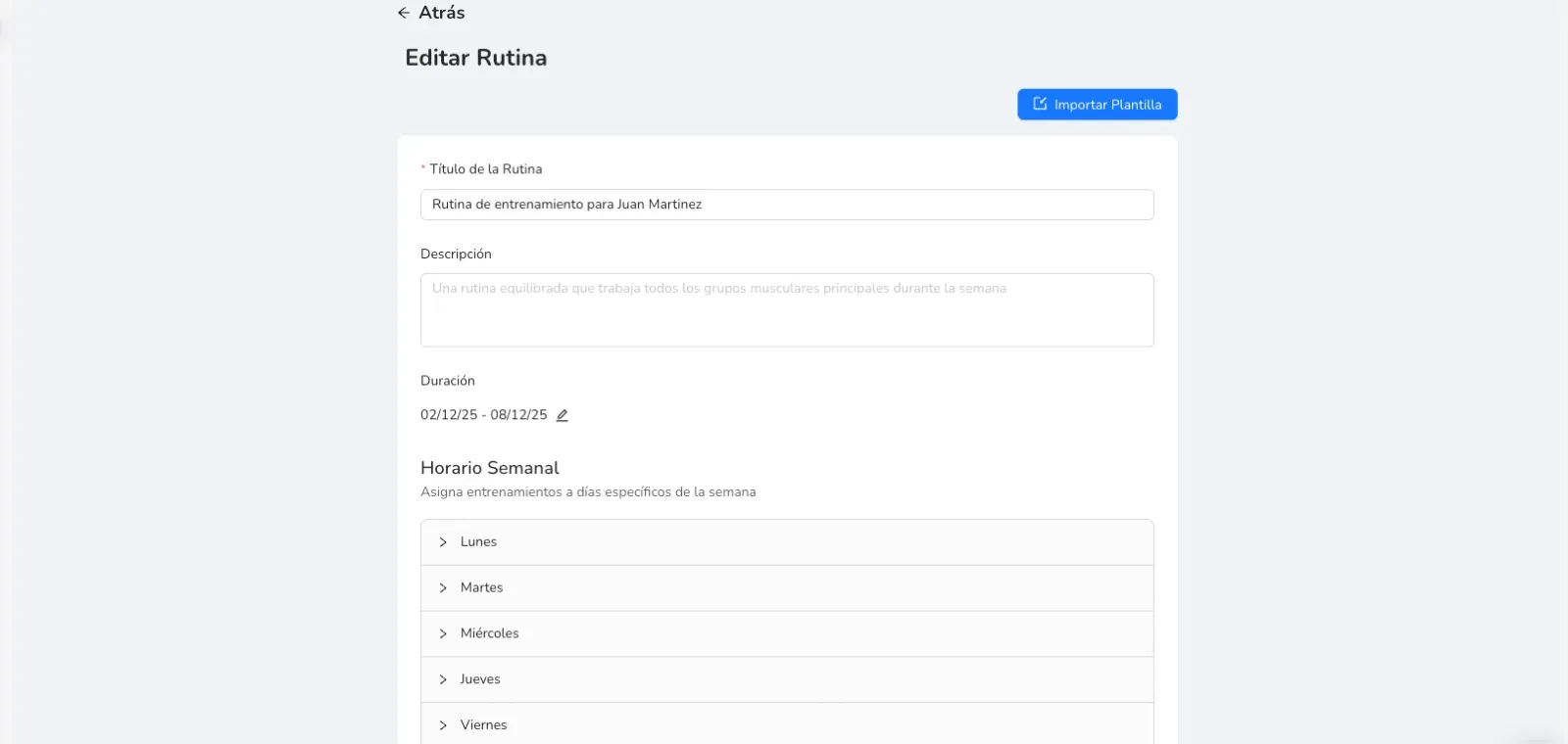 Menú para crear o editar una rutina