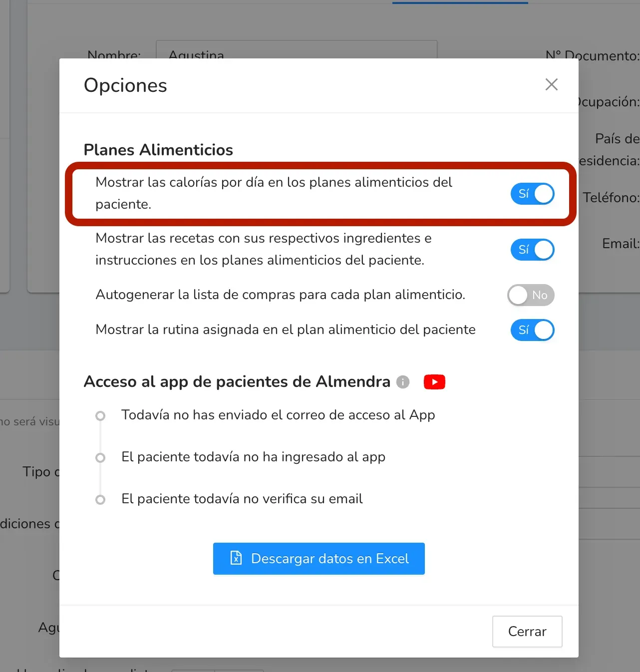 Opción para mostrar las calorías por día
