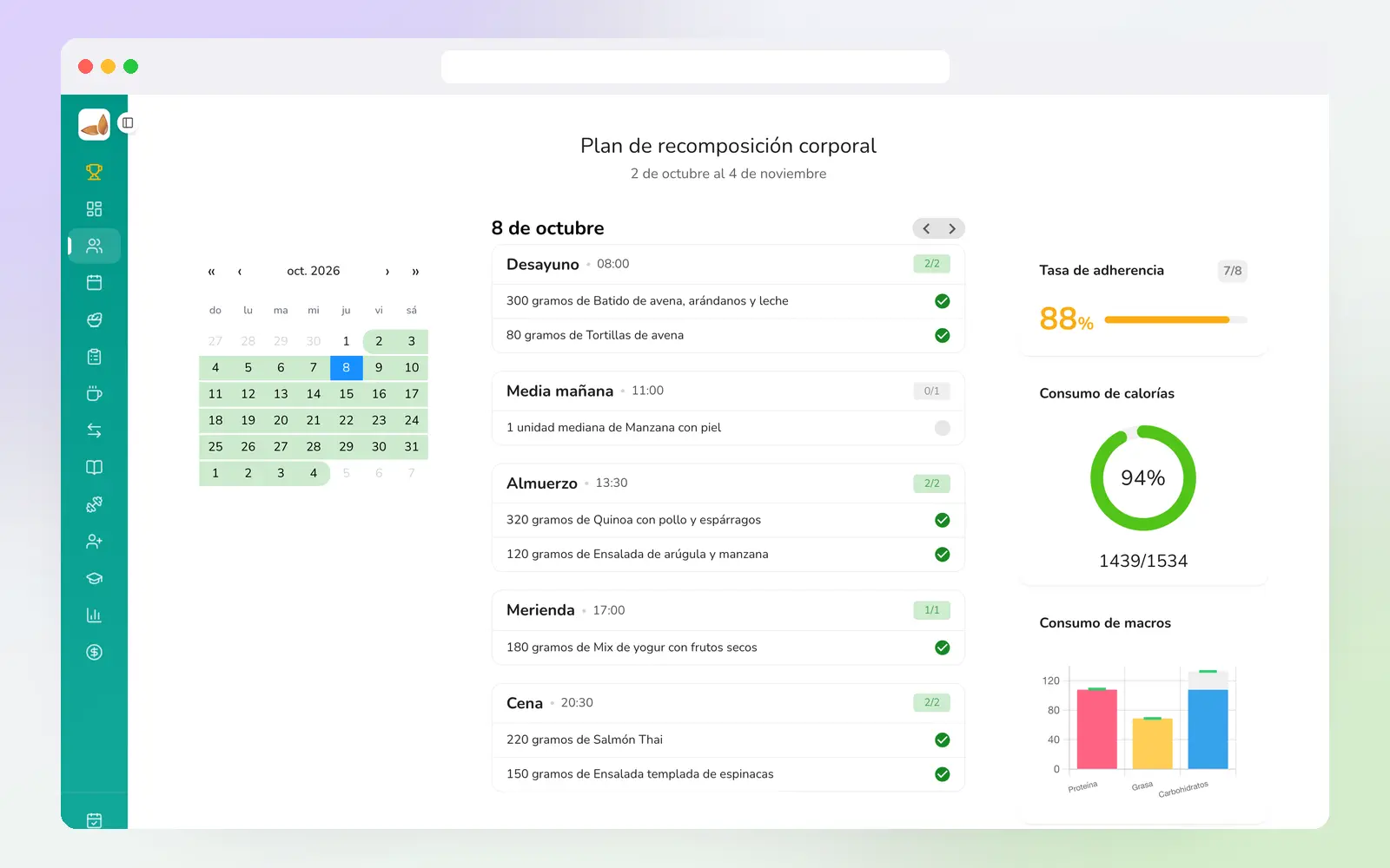 Dashboard da Almendra com a adesão diária do paciente.