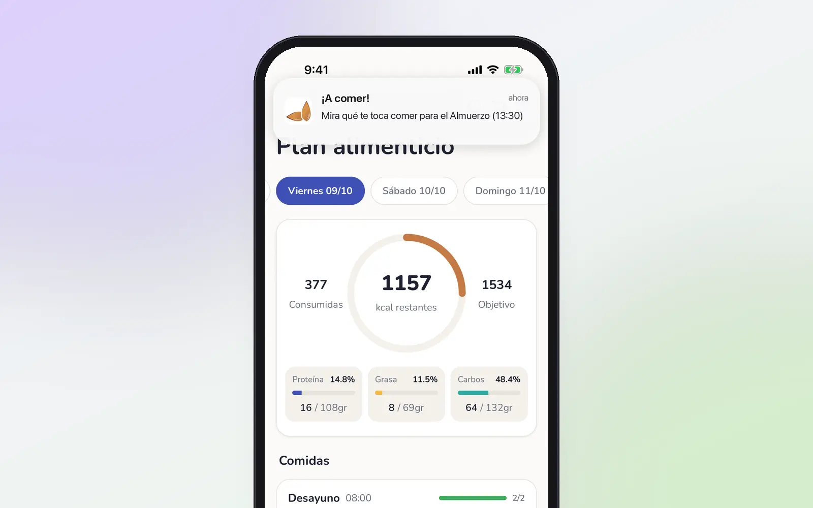 Notificação de lembrete de refeição sobre o plano do dia no app.