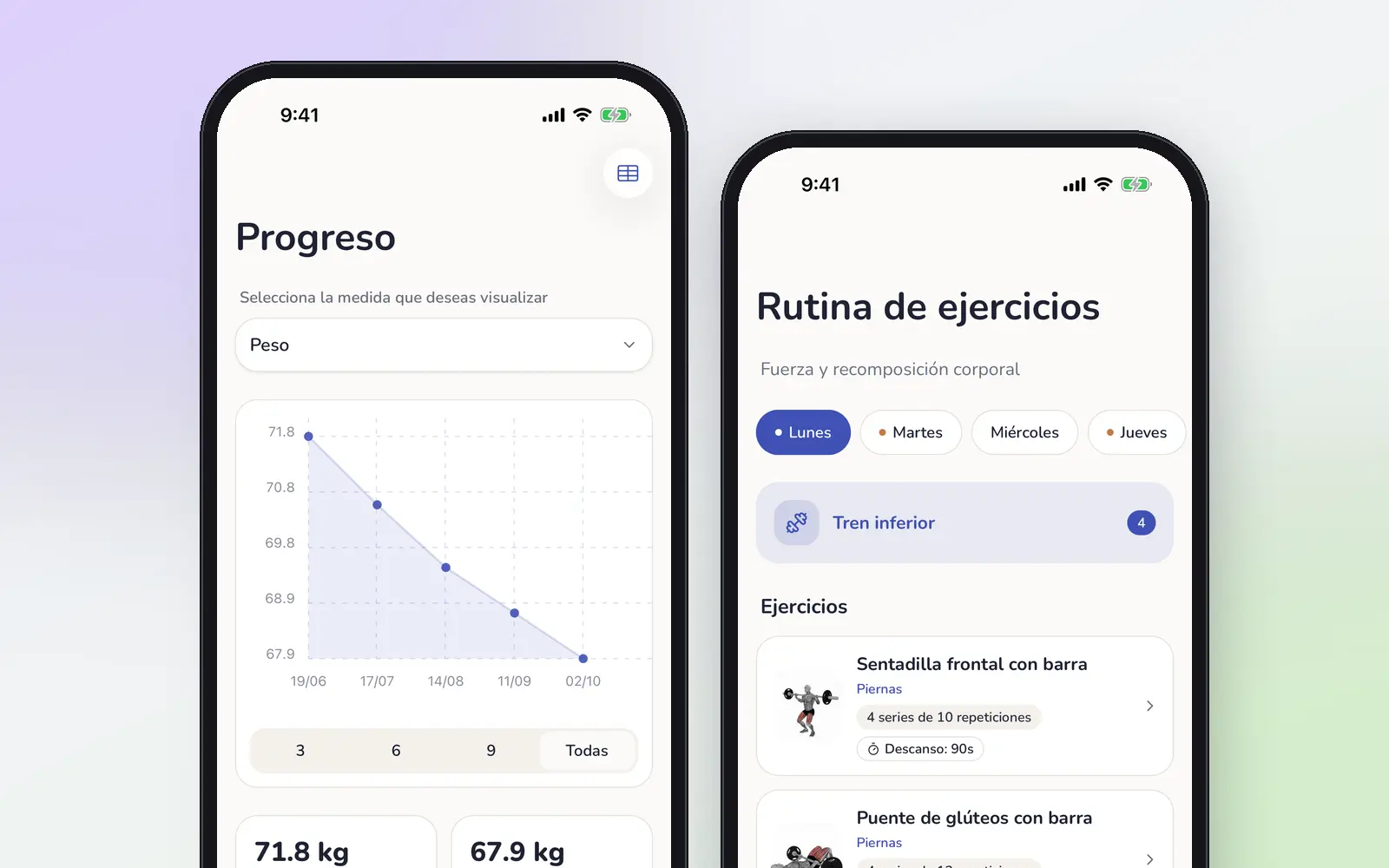 Evolução e rotina de exercícios no app da Almendra.