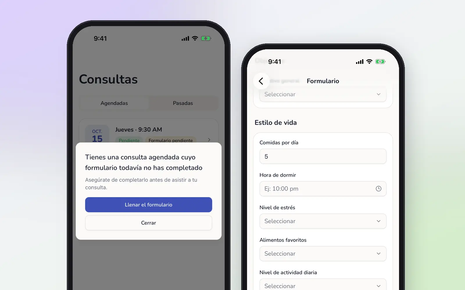 Aviso de formulário pendente e formulário aberto no app para pacientes.