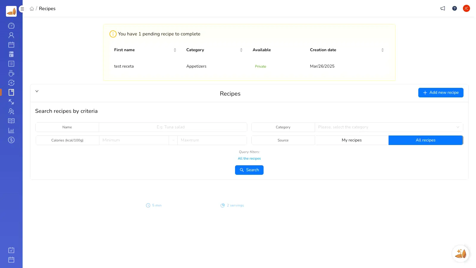 Flow for adding a recipe to a meal plan in Almendra.