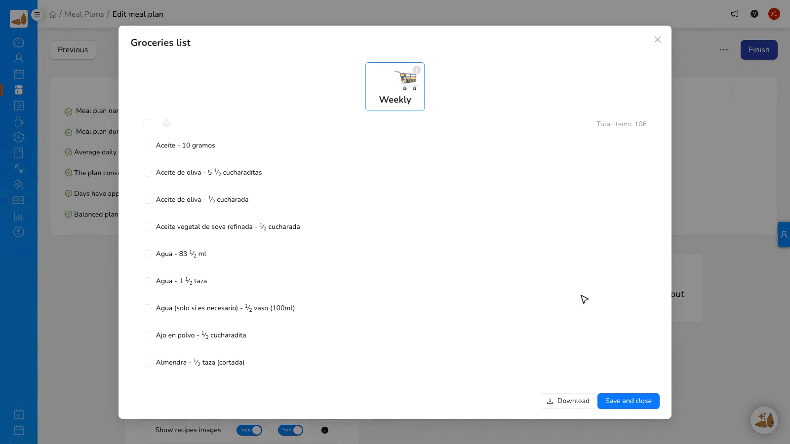 Grocery list modal with categories and checkboxes