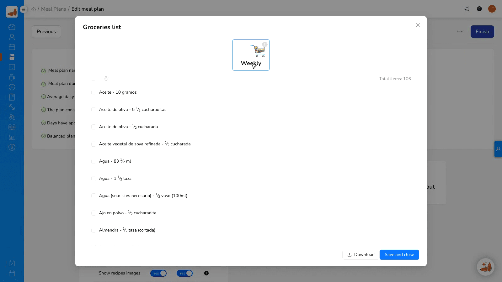 Mobile view of the grocery list inside the client app