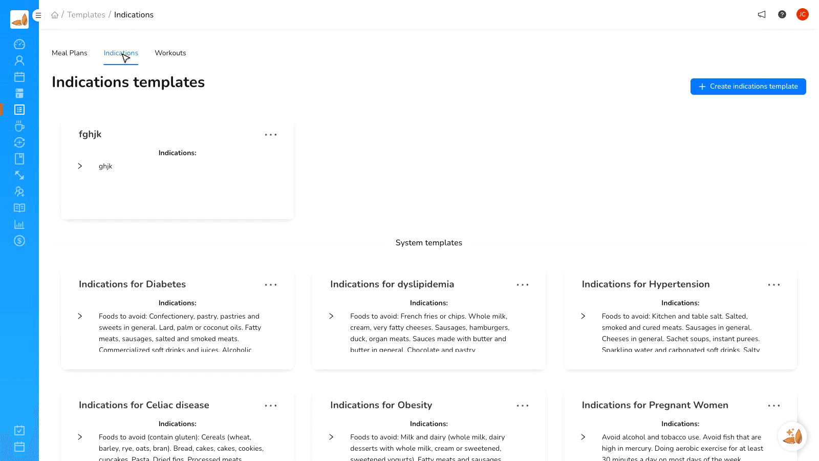 Meal plan with a template applied and macros recalculated