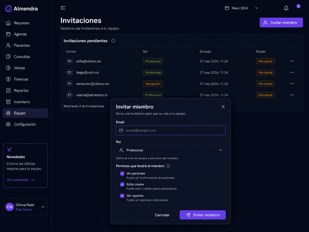 Chat de IA dentro de la app de pacientes respondiendo una duda nutricional.
