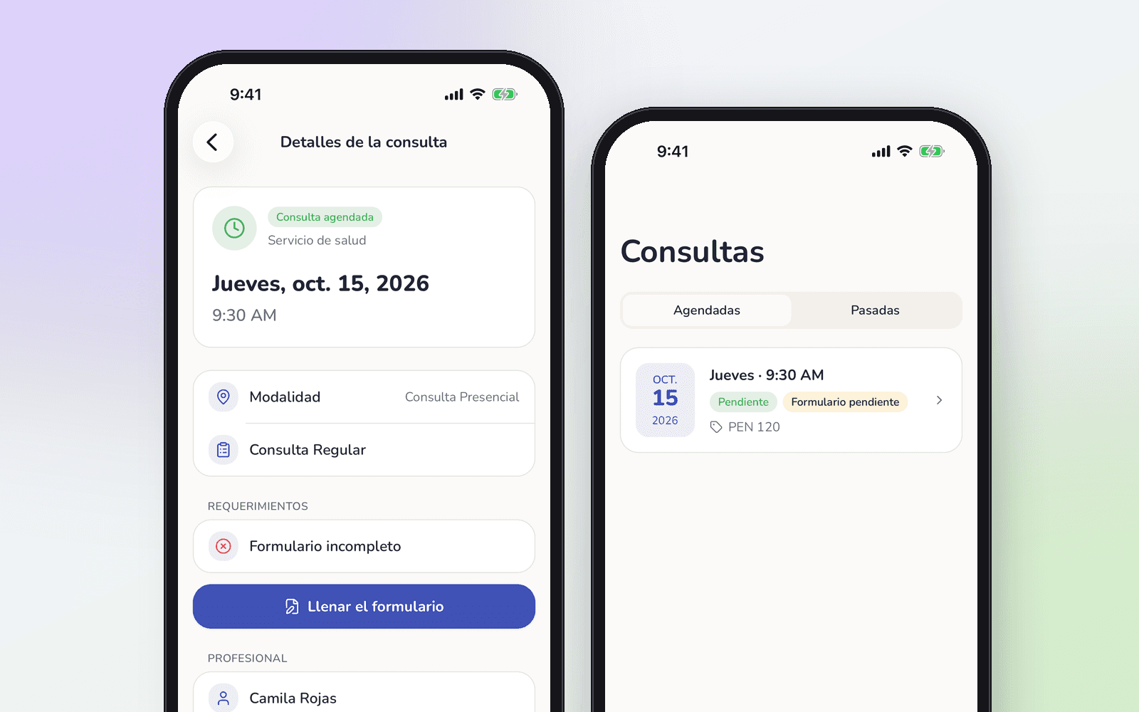 Detalle de una consulta en la app de pacientes con el formulario pendiente.