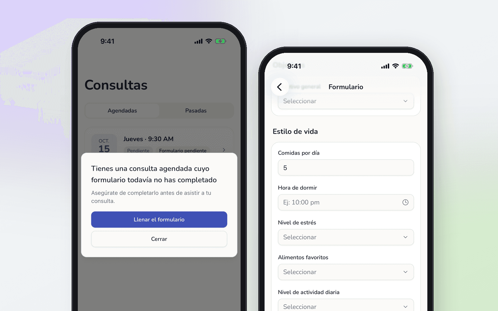 Aviso de formulario pendiente y formulario abierto en la app de pacientes.