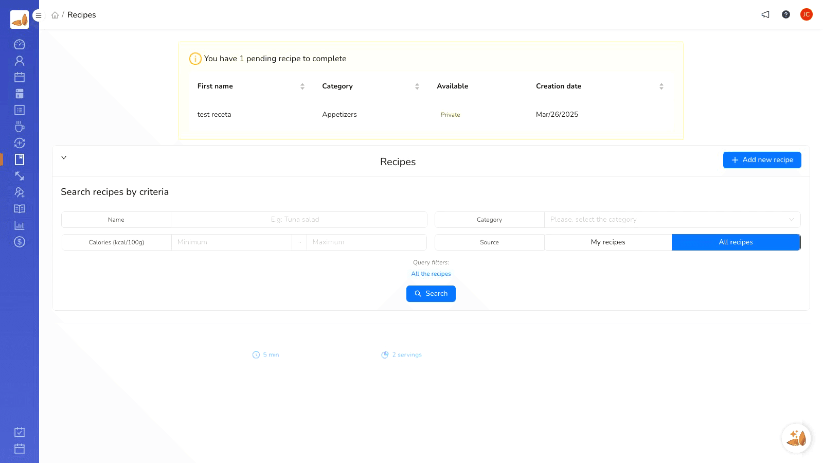 Flow for adding a recipe to a meal plan in Almendra.