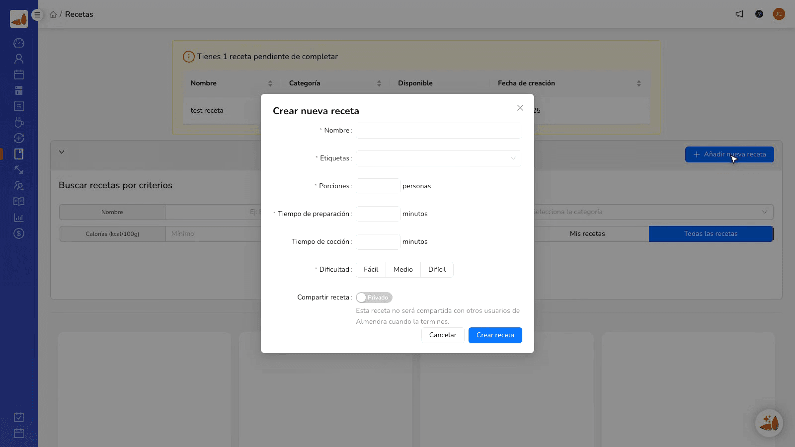 Vista de receta en la app del paciente con pasos y lista de compras.