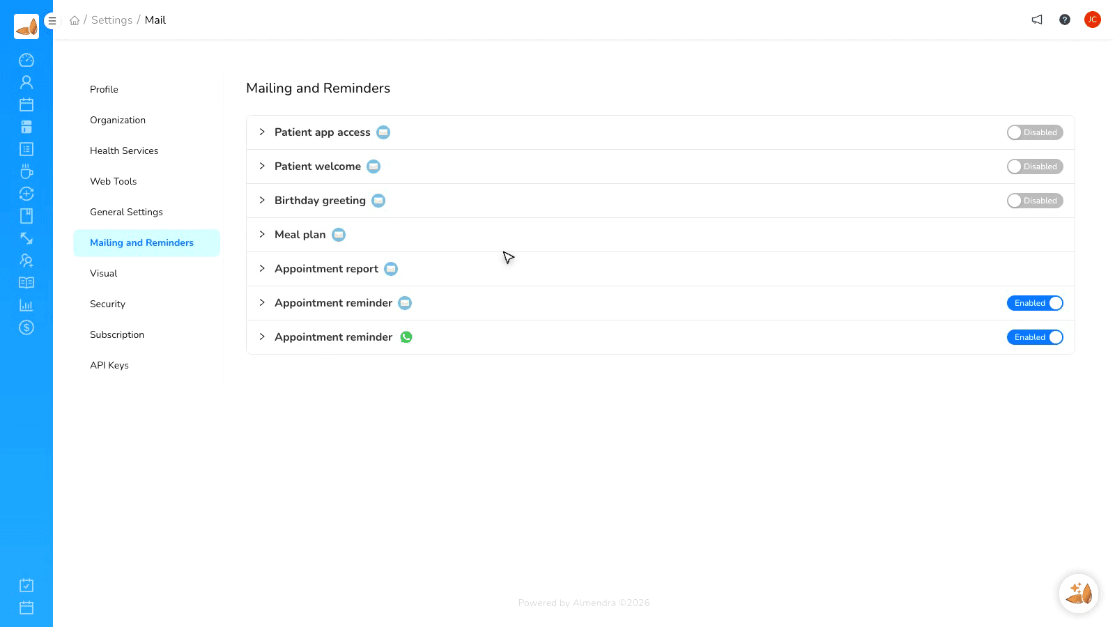 Almendra appointment dashboard with confirmation states.