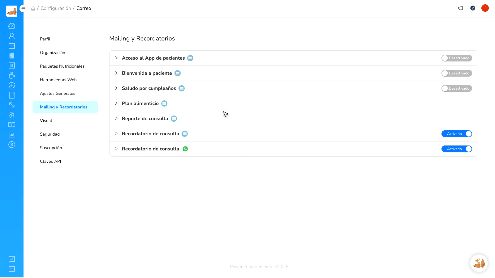 Dashboard de citas de Almendra con estados de confirmación.