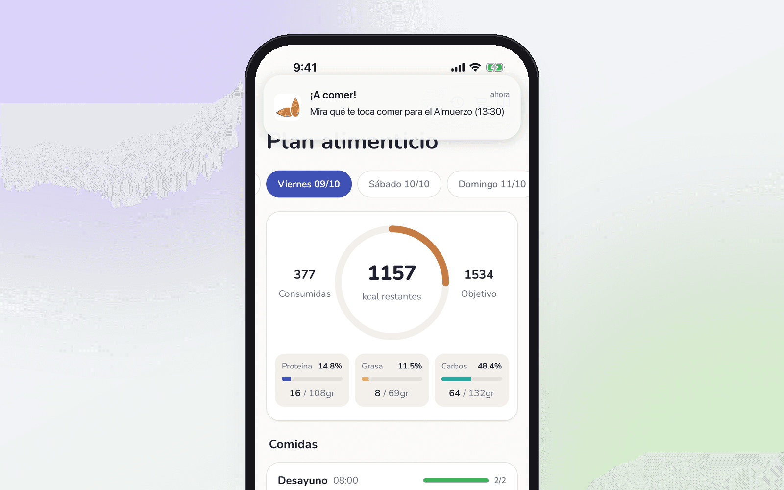 Notificación de recordatorio de comida sobre el plan del día en la app.
