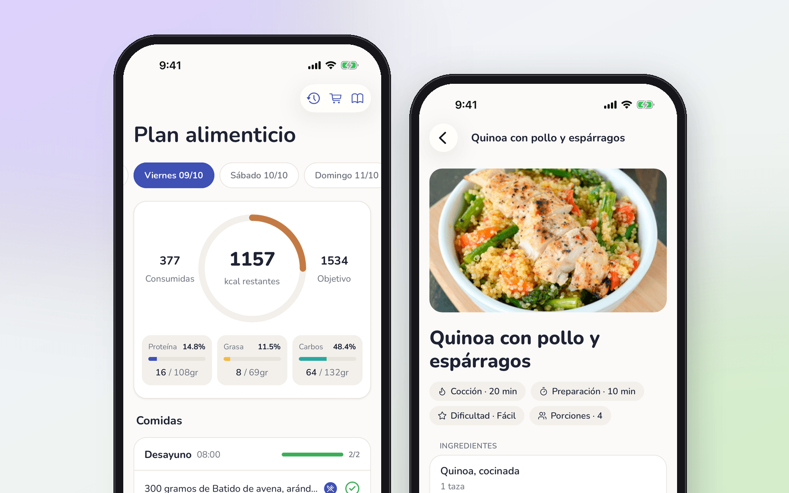 Plan del día y receta en la app de pacientes.
