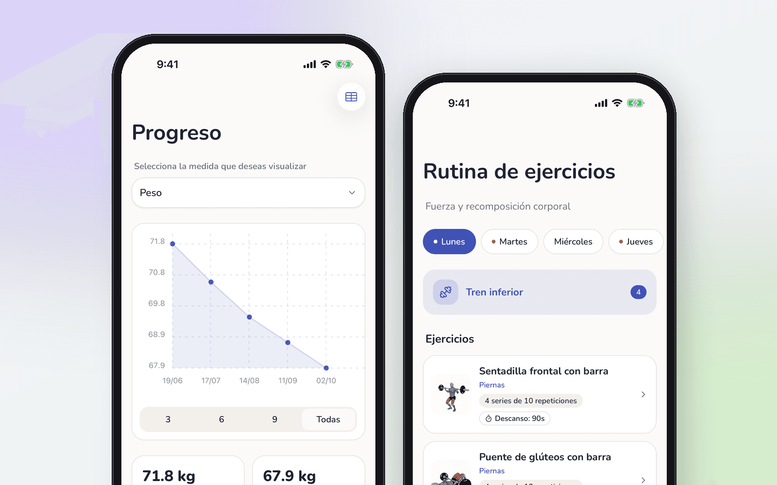 Progreso y rutina de ejercicios en la app de Almendra.